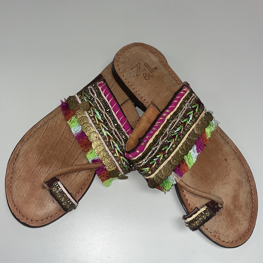 Anthropologie Z&L boho coin embellished fringe style leather flip flops size 39
